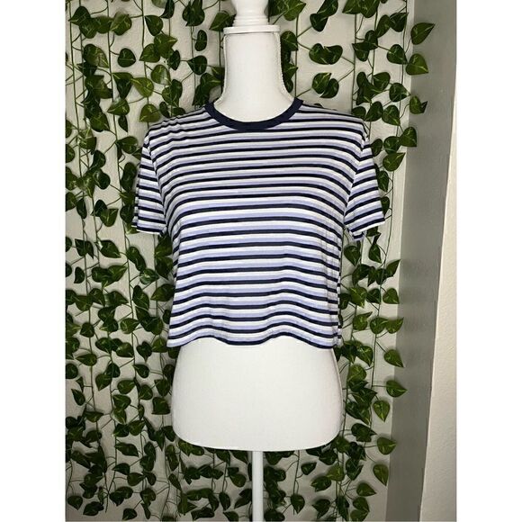 Brandy Melville Purple White Stripe Crew Neck Crop Top Tee Size Small - Picture 1 of 5